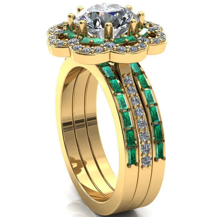 Fire Brilliance Rings Camelia Round Center Stone Accent Diamond and Emerald Halo Ring