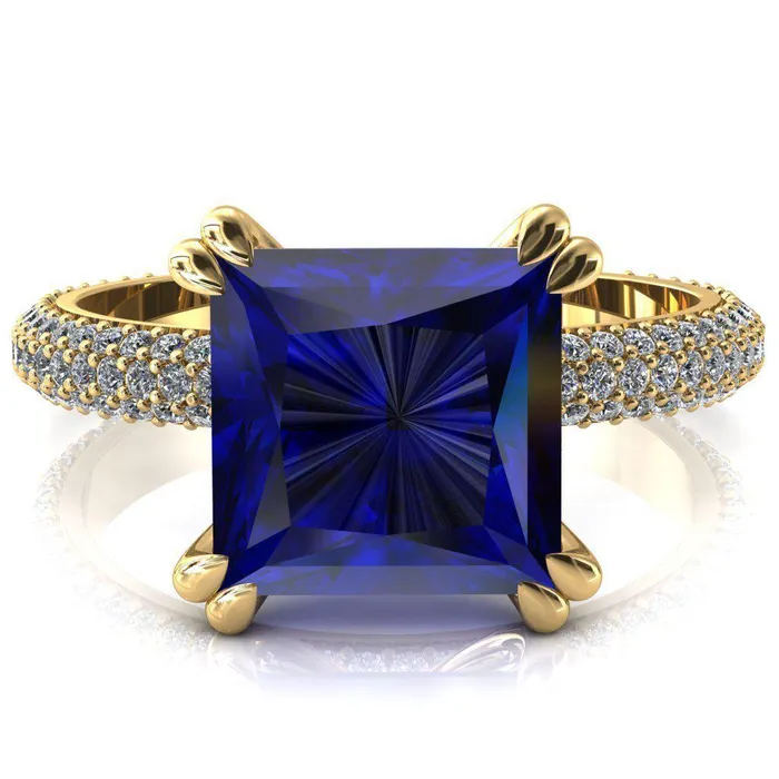 Fire Brilliance Rings Elley Princess Blue Sapphire 4 Claw Prong Diamond Accent Engagement Ring