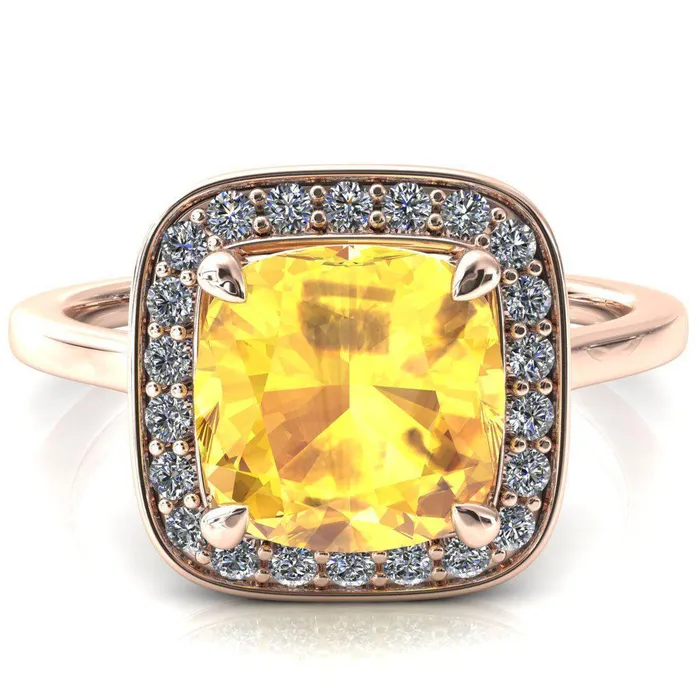 Fire Brilliance Rings Holly Cushion Yellow Sapphire 4 Prong Pinpoint Floating Halo Scalloped Cathedral Ring