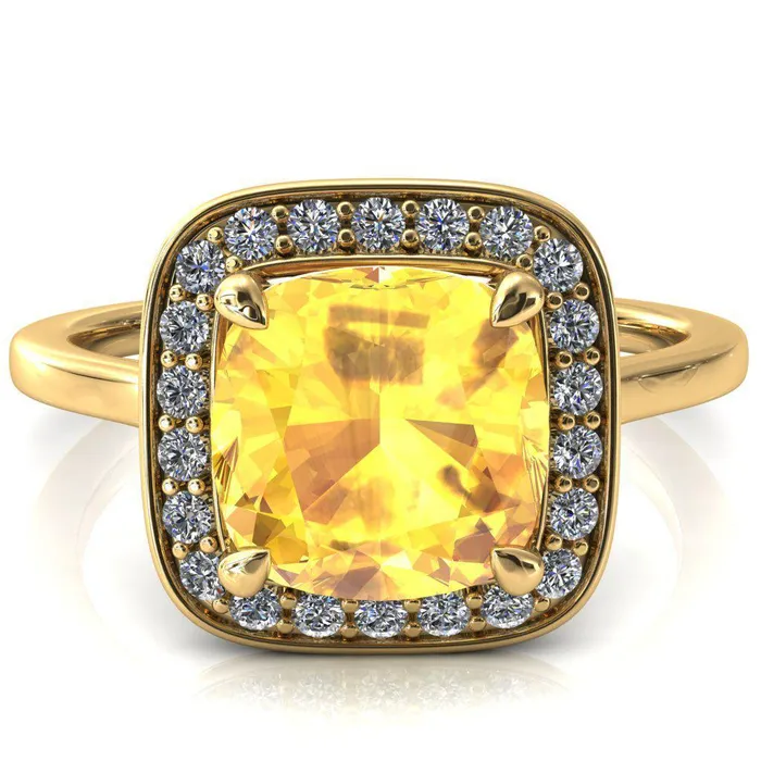 Fire Brilliance Rings Holly Cushion Yellow Sapphire 4 Prong Pinpoint Floating Halo Scalloped Cathedral Ring
