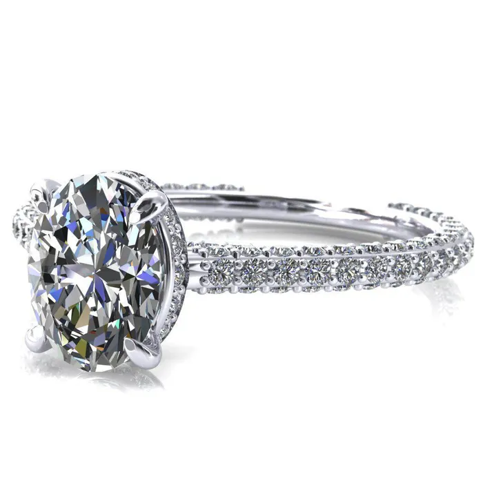 Fire Brilliance Rings Jasmine Oval Center Stone 4 Claw Prong 34 Eternity 3 Sided Diamond Shank Engagement Ring