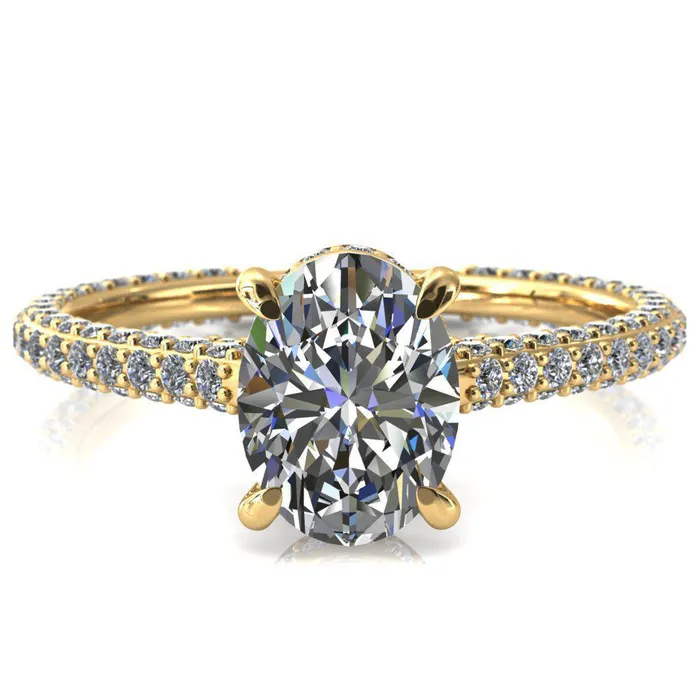 Fire Brilliance Rings Jasmine Oval Center Stone 4 Claw Prong 34 Eternity 3 Sided Diamond Shank Engagement Ring