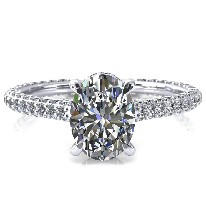 Fire Brilliance Rings Jasmine Oval Center Stone 4 Claw Prong 34 Eternity 3 Sided Diamond Shank Engagement Ring