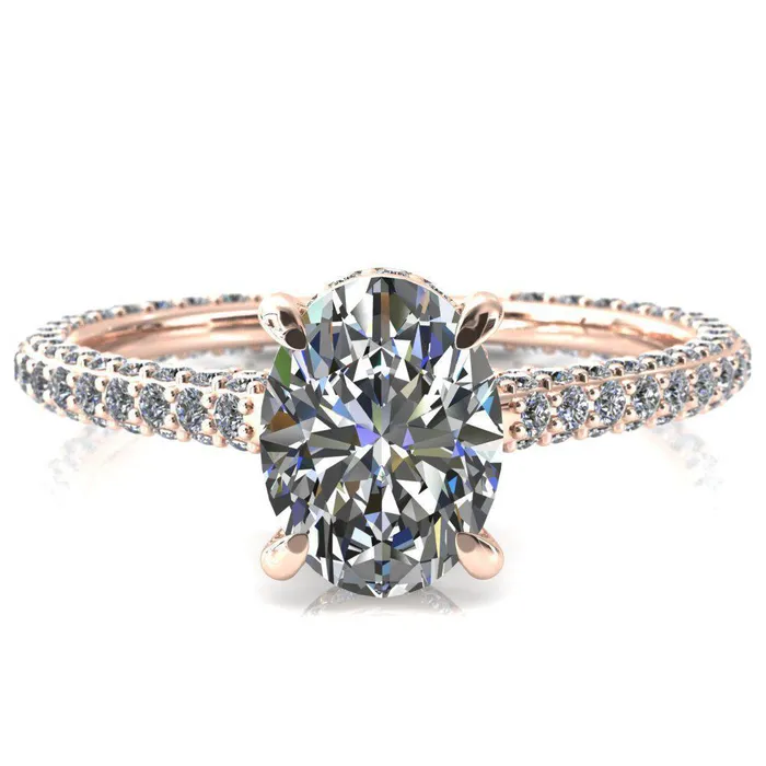 Fire Brilliance Rings Jasmine Oval Center Stone 4 Claw Prong 34 Eternity 3 Sided Diamond Shank Engagement Ring