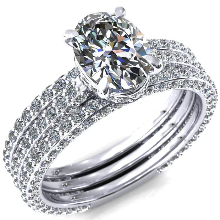 Fire Brilliance Rings Jasmine Oval Center Stone 4 Claw Prong 34 Eternity 3 Sided Diamond Shank Engagement Ring