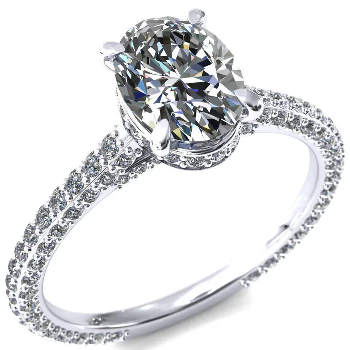 Fire Brilliance Rings Jasmine Oval Center Stone 4 Claw Prong 34 Eternity 3 Sided Diamond Shank Engagement Ring