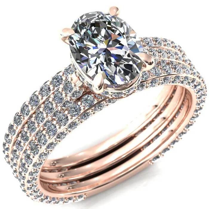 Fire Brilliance Rings Jasmine Oval Center Stone 4 Claw Prong 34 Eternity 3 Sided Diamond Shank Engagement Ring