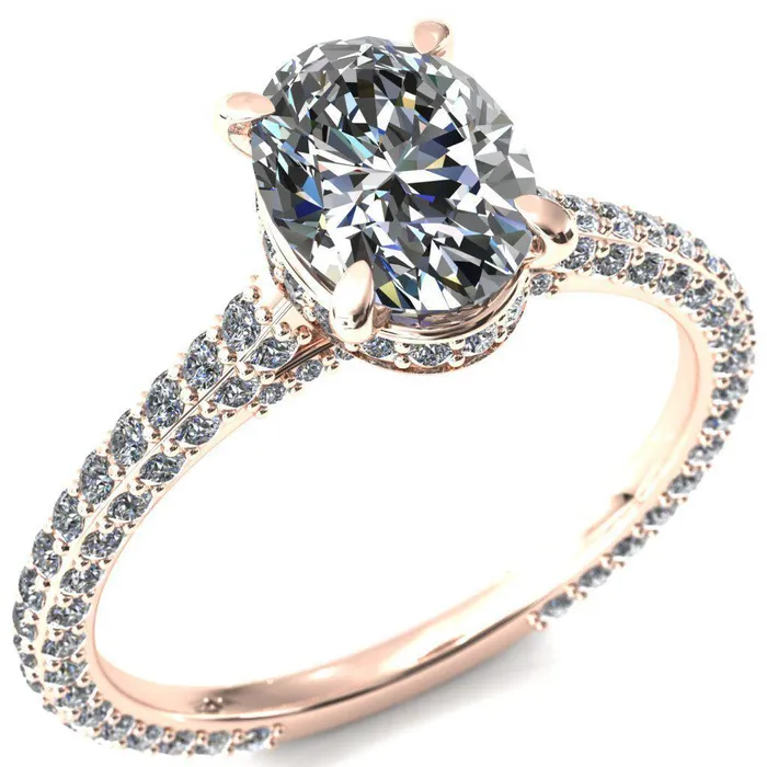 Fire Brilliance Rings Jasmine Oval Center Stone 4 Claw Prong 34 Eternity 3 Sided Diamond Shank Engagement Ring