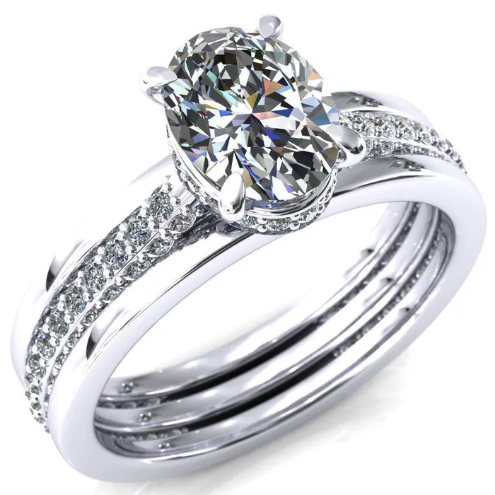 Fire Brilliance Rings Jasmine Oval Center Stone 4 Claw Prong 34 Eternity 3 Sided Diamond Shank Engagement Ring
