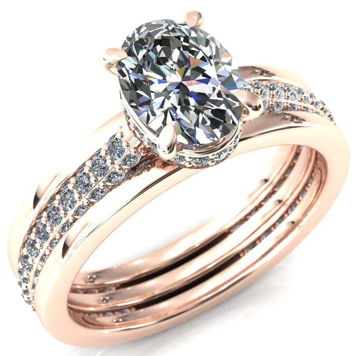 Fire Brilliance Rings Jasmine Oval Center Stone 4 Claw Prong 34 Eternity 3 Sided Diamond Shank Engagement Ring