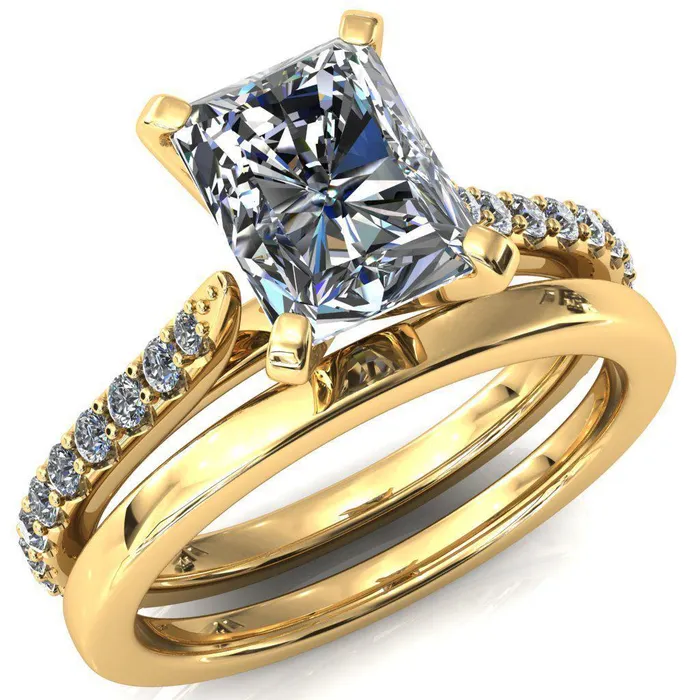 Fire Brilliance Rings Kelsy Radiant Moissanite 4 Prong 34 Shared Scalloped Inverted Cathedral Ring