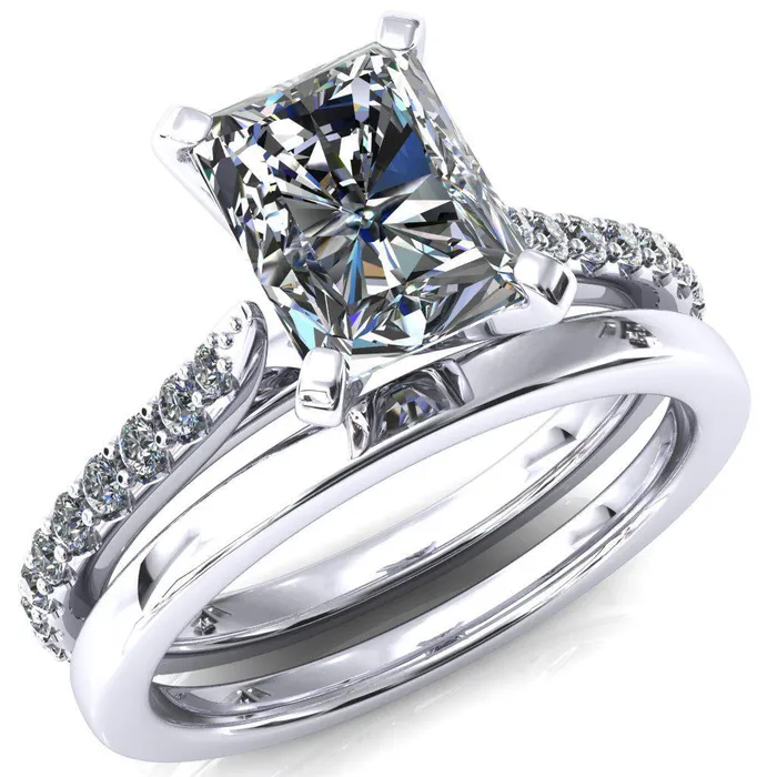 Fire Brilliance Rings Kelsy Radiant Moissanite 4 Prong 34 Shared Scalloped Inverted Cathedral Ring