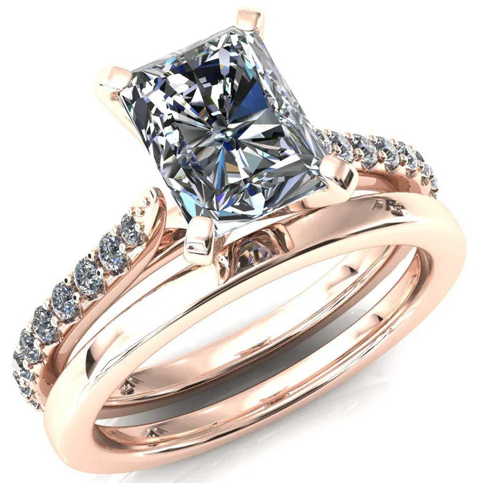 Fire Brilliance Rings Kelsy Radiant Moissanite 4 Prong 34 Shared Scalloped Inverted Cathedral Ring