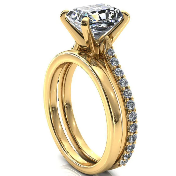 Fire Brilliance Rings Kelsy Radiant Moissanite 4 Prong 34 Shared Scalloped Inverted Cathedral Ring