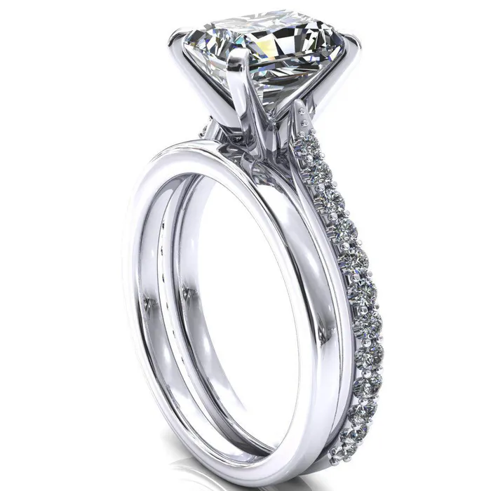 Fire Brilliance Rings Kelsy Radiant Moissanite 4 Prong 34 Shared Scalloped Inverted Cathedral Ring