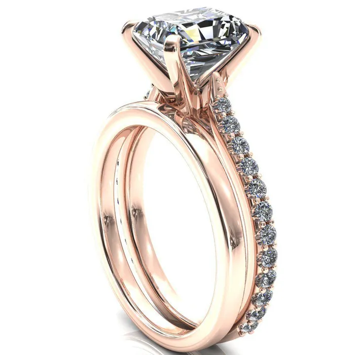Fire Brilliance Rings Kelsy Radiant Moissanite 4 Prong 34 Shared Scalloped Inverted Cathedral Ring