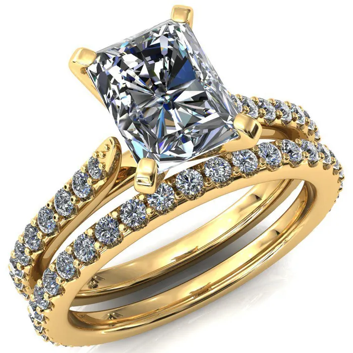 Fire Brilliance Rings Kelsy Radiant Moissanite 4 Prong 34 Shared Scalloped Inverted Cathedral Ring