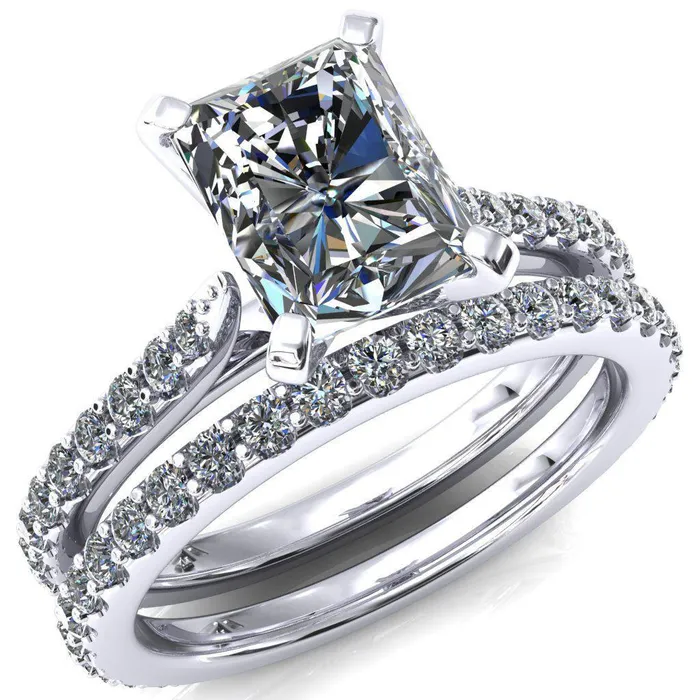 Fire Brilliance Rings Kelsy Radiant Moissanite 4 Prong 34 Shared Scalloped Inverted Cathedral Ring