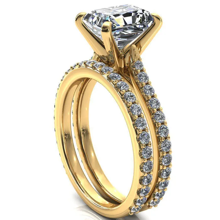 Fire Brilliance Rings Kelsy Radiant Moissanite 4 Prong 34 Shared Scalloped Inverted Cathedral Ring