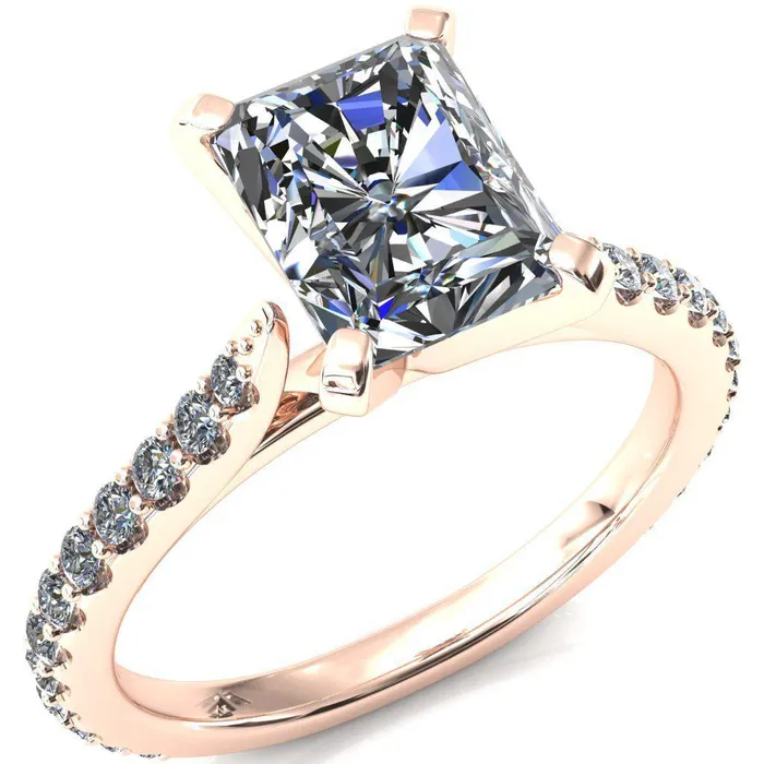 Fire Brilliance Rings Kelsy Radiant Moissanite 4 Prong 34 Shared Scalloped Inverted Cathedral Ring