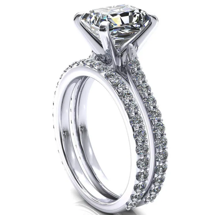 Fire Brilliance Rings Kelsy Radiant Moissanite 4 Prong 34 Shared Scalloped Inverted Cathedral Ring