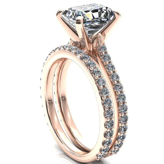 Fire Brilliance Rings Kelsy Radiant Moissanite 4 Prong 34 Shared Scalloped Inverted Cathedral Ring