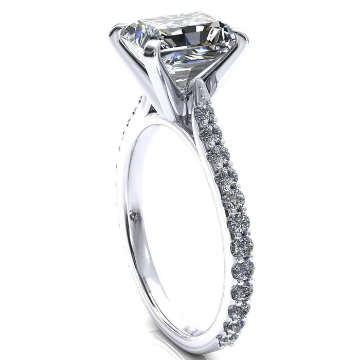 Fire Brilliance Rings Kelsy Radiant Moissanite 4 Prong 34 Shared Scalloped Inverted Cathedral Ring