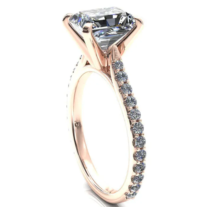 Fire Brilliance Rings Kelsy Radiant Moissanite 4 Prong 34 Shared Scalloped Inverted Cathedral Ring