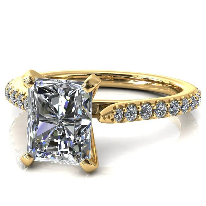 Fire Brilliance Rings Kelsy Radiant Moissanite 4 Prong 34 Shared Scalloped Inverted Cathedral Ring