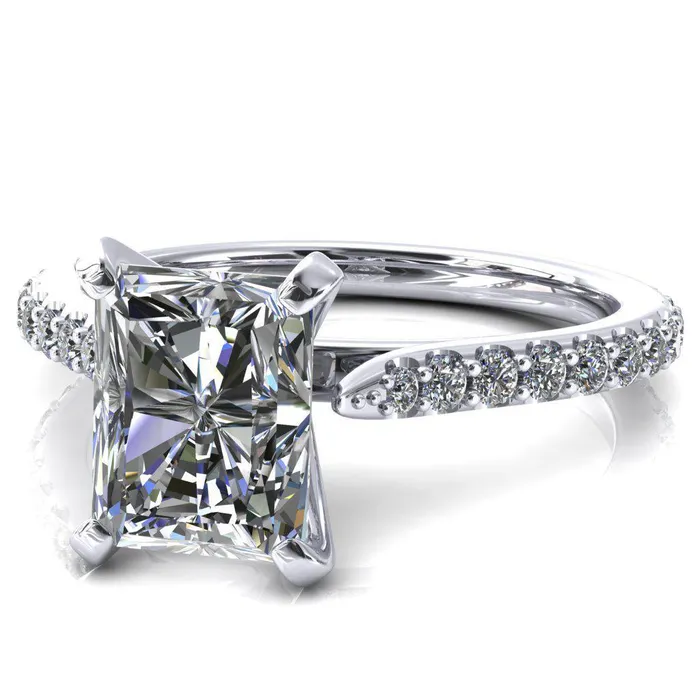 Fire Brilliance Rings Kelsy Radiant Moissanite 4 Prong 34 Shared Scalloped Inverted Cathedral Ring