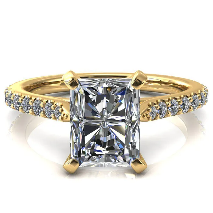 Fire Brilliance Rings Kelsy Radiant Moissanite 4 Prong 34 Shared Scalloped Inverted Cathedral Ring