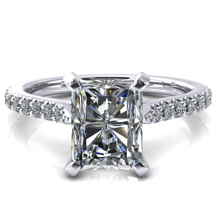Fire Brilliance Rings Kelsy Radiant Moissanite 4 Prong 34 Shared Scalloped Inverted Cathedral Ring