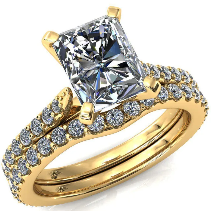 Fire Brilliance Rings Kelsy Radiant Moissanite 4 Prong 34 Shared Scalloped Inverted Cathedral Ring