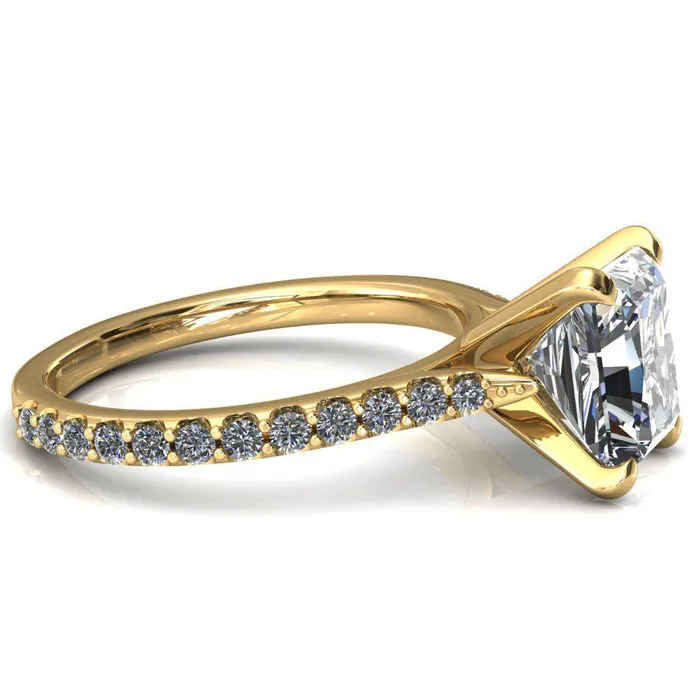 Fire Brilliance Rings Kelsy Radiant Moissanite 4 Prong 34 Shared Scalloped Inverted Cathedral Ring