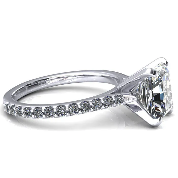 Fire Brilliance Rings Kelsy Radiant Moissanite 4 Prong 34 Shared Scalloped Inverted Cathedral Ring