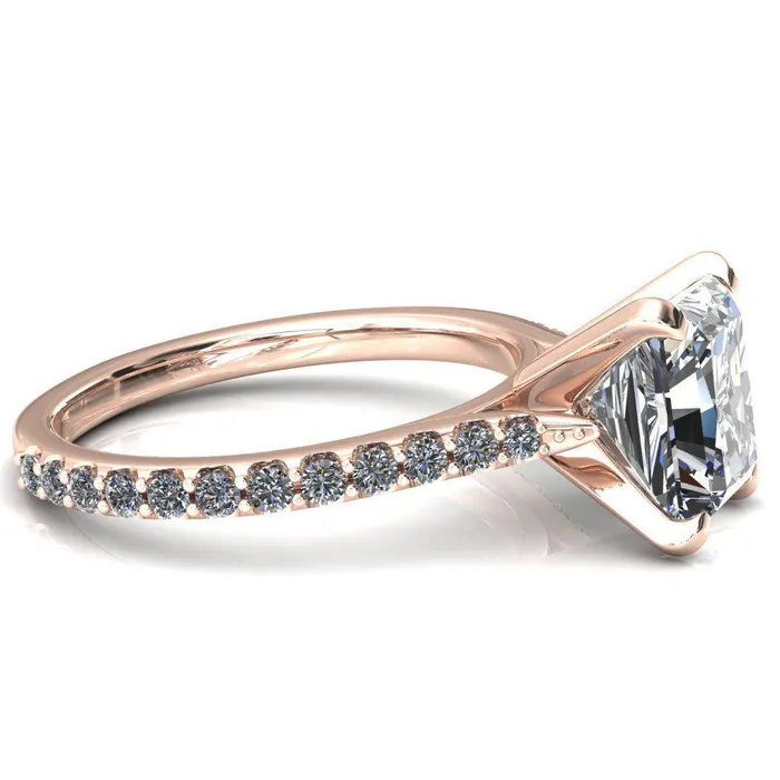 Fire Brilliance Rings Kelsy Radiant Moissanite 4 Prong 34 Shared Scalloped Inverted Cathedral Ring