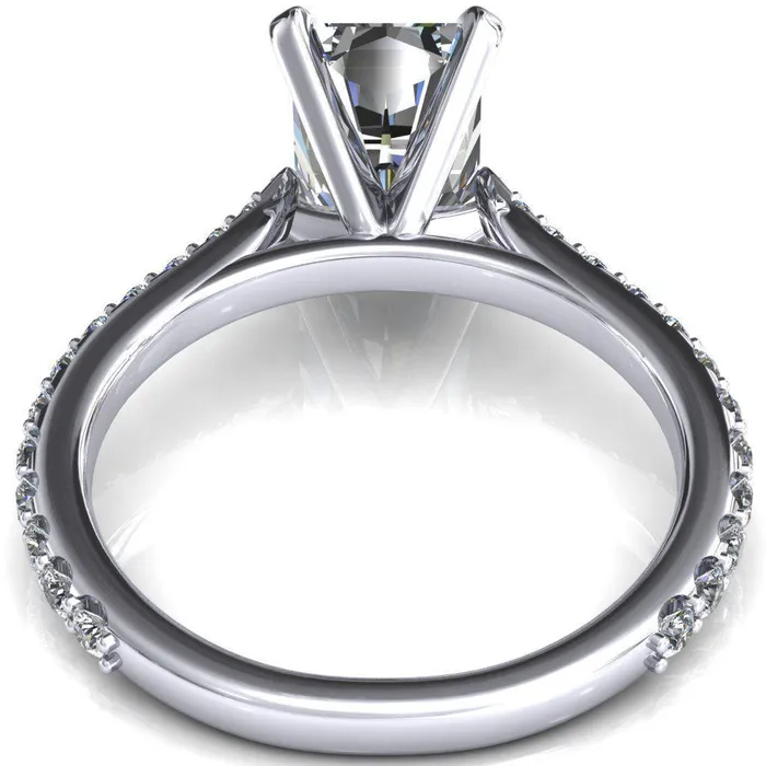 Fire Brilliance Rings Kelsy Radiant Moissanite 4 Prong 34 Shared Scalloped Inverted Cathedral Ring