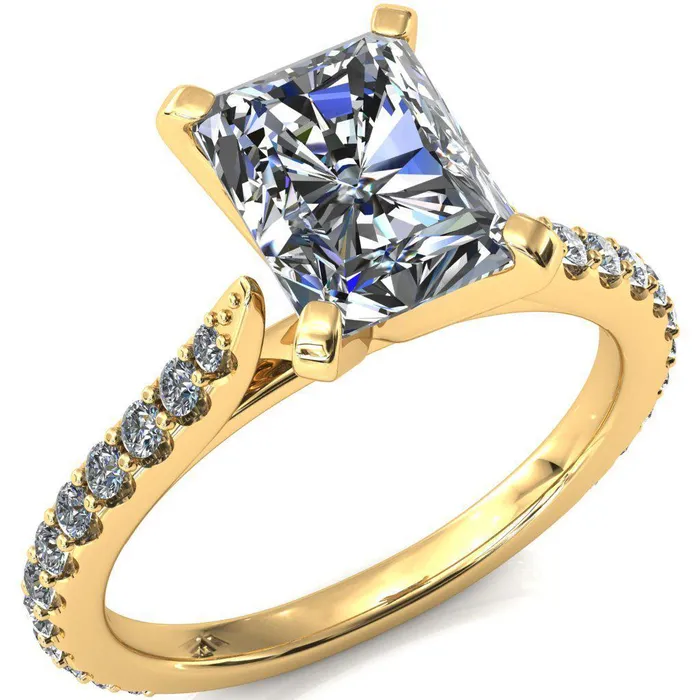 Fire Brilliance Rings Kelsy Radiant Moissanite 4 Prong 34 Shared Scalloped Inverted Cathedral Ring