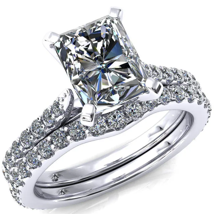 Fire Brilliance Rings Kelsy Radiant Moissanite 4 Prong 34 Shared Scalloped Inverted Cathedral Ring