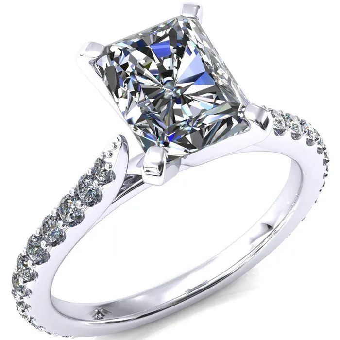 Fire Brilliance Rings Kelsy Radiant Moissanite 4 Prong 34 Shared Scalloped Inverted Cathedral Ring