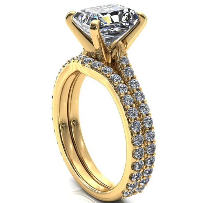 Fire Brilliance Rings Kelsy Radiant Moissanite 4 Prong 34 Shared Scalloped Inverted Cathedral Ring
