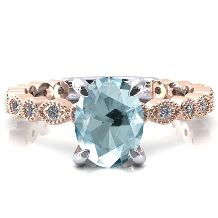 Fire Brilliance Rings Lizette Oval Aqua Blue Spinel 4 Claw Prong 34 Eternity Milgrain Diamond Shank Engagement Ring