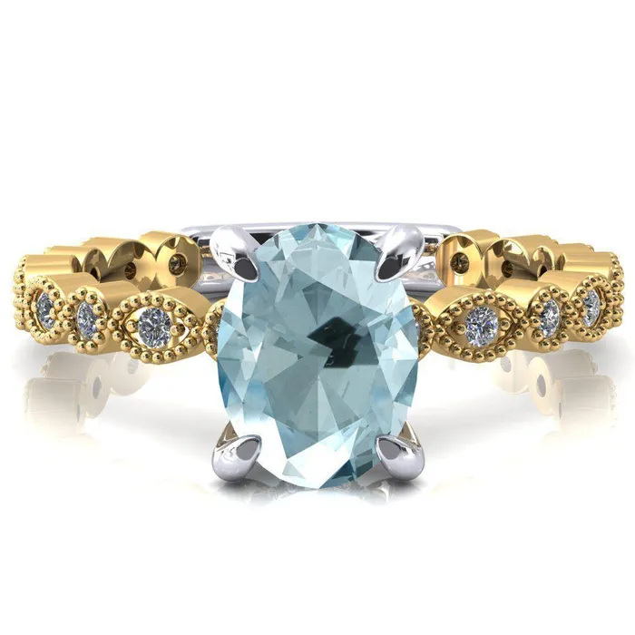 Fire Brilliance Rings Lizette Oval Aqua Blue Spinel 4 Claw Prong 34 Eternity Milgrain Diamond Shank Engagement Ring