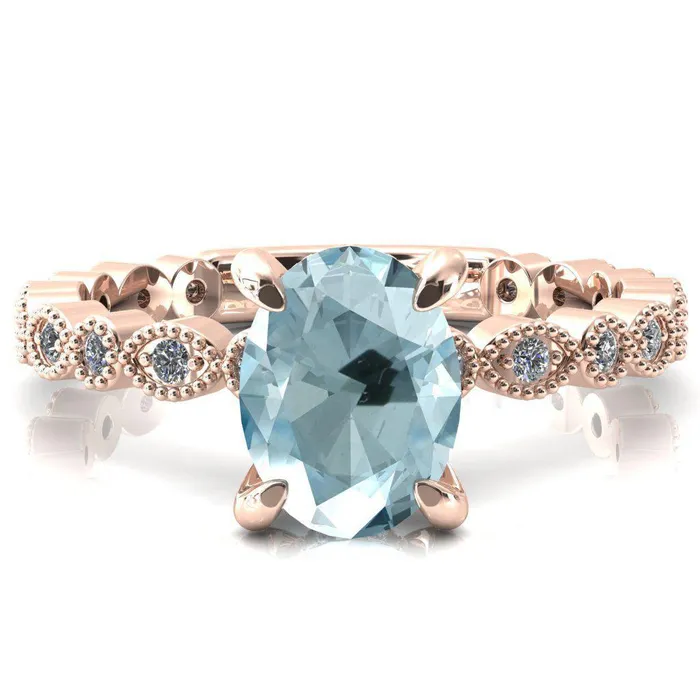 Fire Brilliance Rings Lizette Oval Aqua Blue Spinel 4 Claw Prong 34 Eternity Milgrain Diamond Shank Engagement Ring