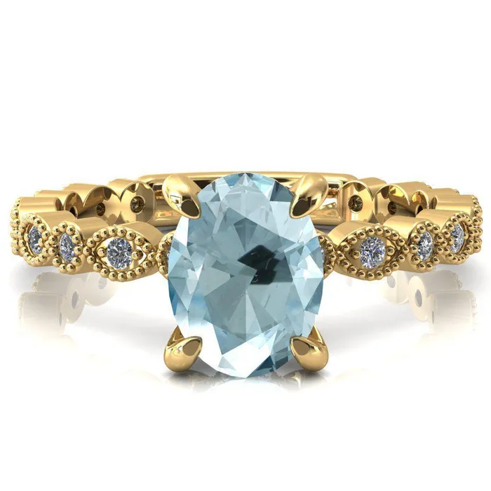Fire Brilliance Rings Lizette Oval Aqua Blue Spinel 4 Claw Prong 34 Eternity Milgrain Diamond Shank Engagement Ring