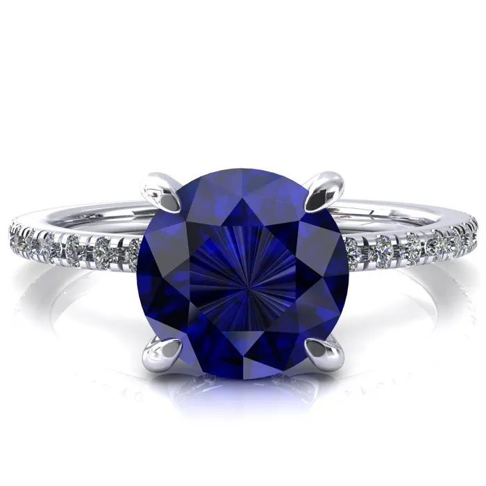 Fire Brilliance Rings Mayeli Round Blue Sapphire 4 Claw Prong Micro Pave Diamond Sides Engagement Ring Fire Brilliance Rings Mayeli Round Blue Sapphire 4 Claw Prong Micro Pave Diamond Sides Engagement Ring