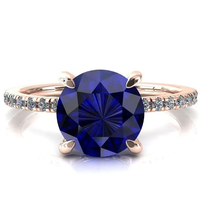 Fire Brilliance Rings Mayeli Round Blue Sapphire 4 Claw Prong Micro Pave Diamond Sides Engagement Ring