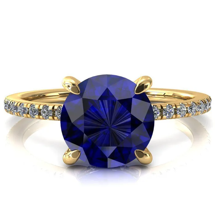 Fire Brilliance Rings Mayeli Round Blue Sapphire 4 Claw Prong Micro Pave Diamond Sides Engagement Ring