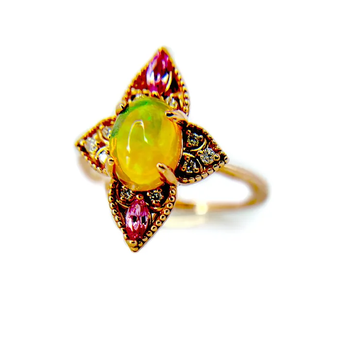 Fire Brilliance Rings Natural Ethiopian Opal with Pink Sapphire and Diamond Vintage Ring