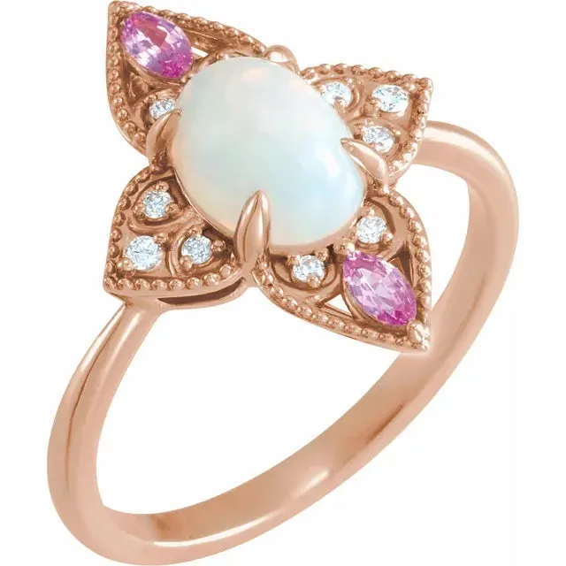Fire Brilliance Rings Natural Ethiopian Opal with Pink Sapphire and Diamond Vintage Ring